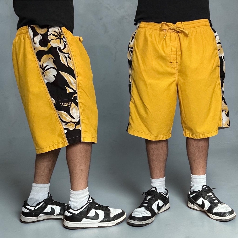 Speedo Yellow Hibiscus Floral Board Shorts Swim Trunks Retro Skater Large